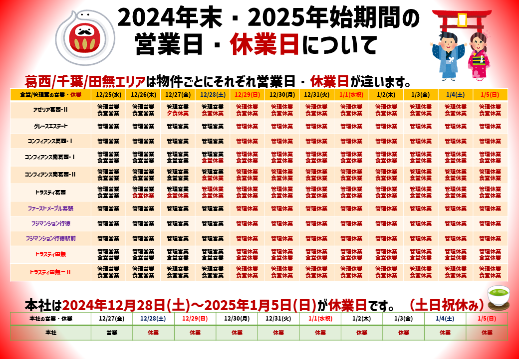 2024年末・2025年始期間の営業日・休業日について